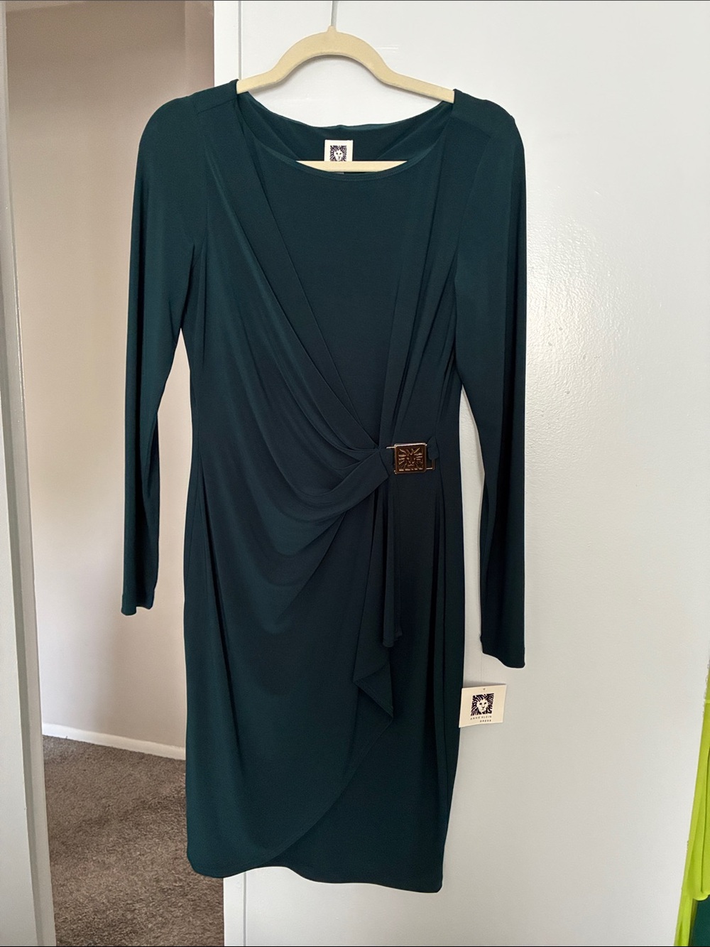 Anne Klein Dark Teal Long-Sleeve Draped Dress with Buckle